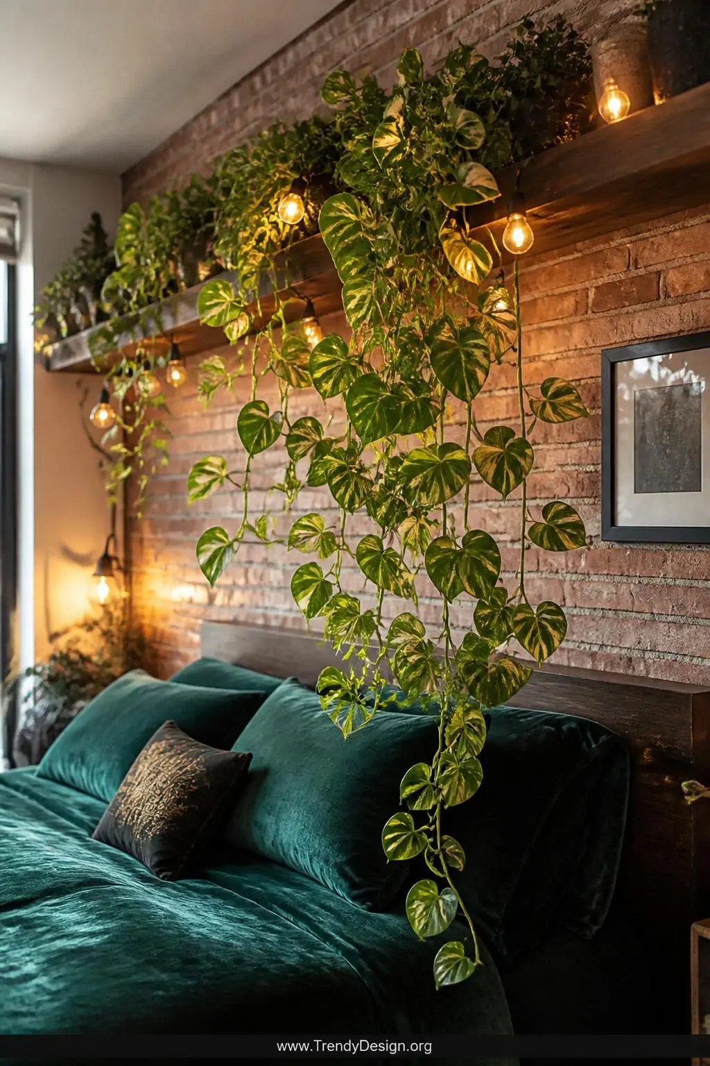 A medium interior shot of golden pothos trailing luxuriously from a high floating walnut shelf above a bed with deep teal vel