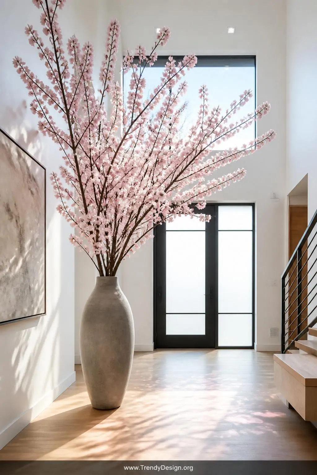 A wide-angle photorealistic interior shot of a bright modern entryway featuring a tall sleek stone-gray ceramic floor vase ho