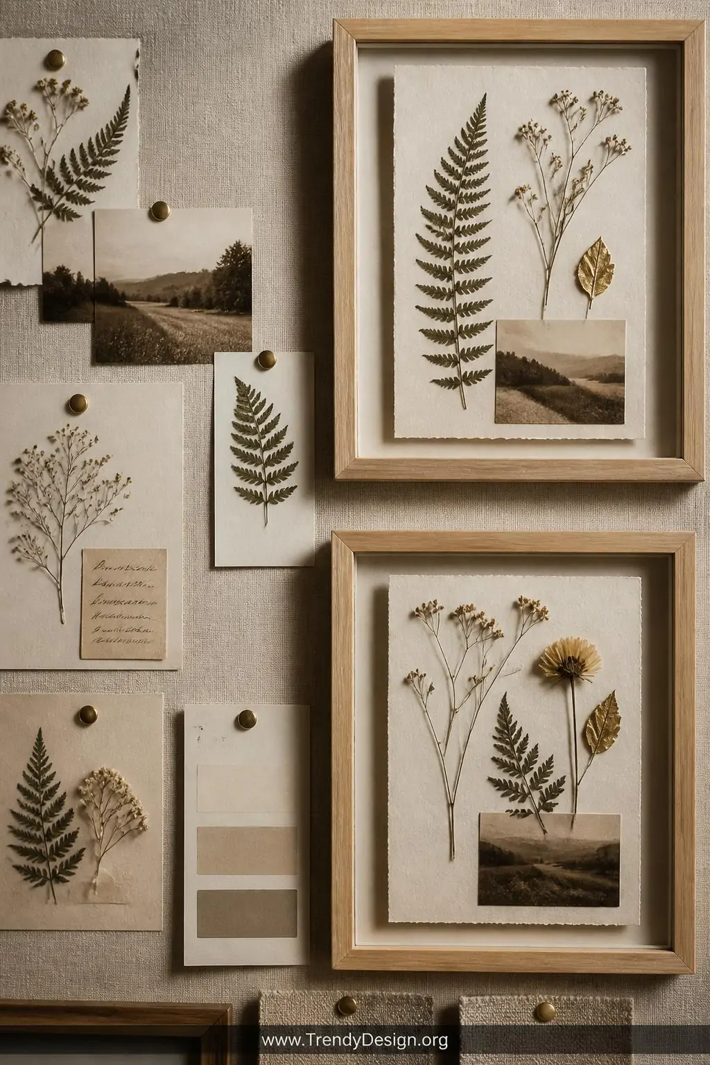 A closeup shot of a linen-covered pinboard displaying photo cards layered with pressed ferns, dried florals, and small golden