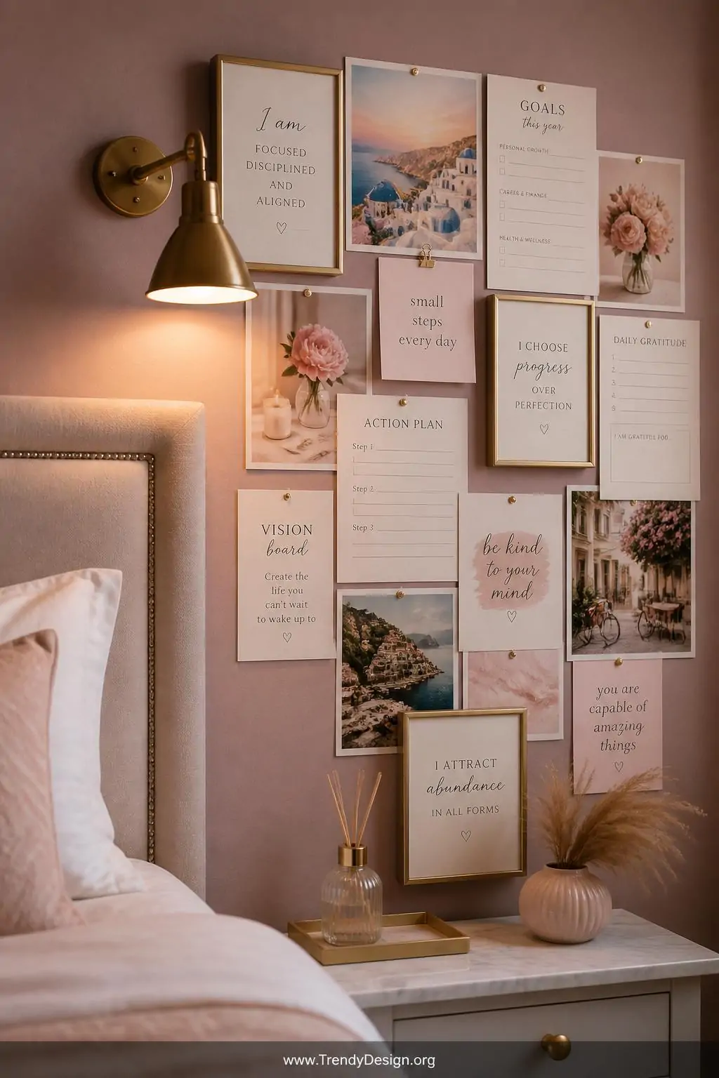 A medium photorealistic interior shot of a serene bedroom vision board mounted on a dusty blush accent wall beside a linen-up