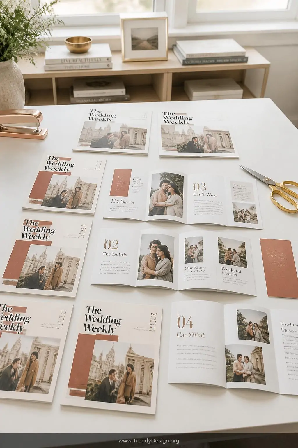 Wide shot of a bright airy home workspace with a white desk surface covered in neatly arranged miniature four-page magazine-s