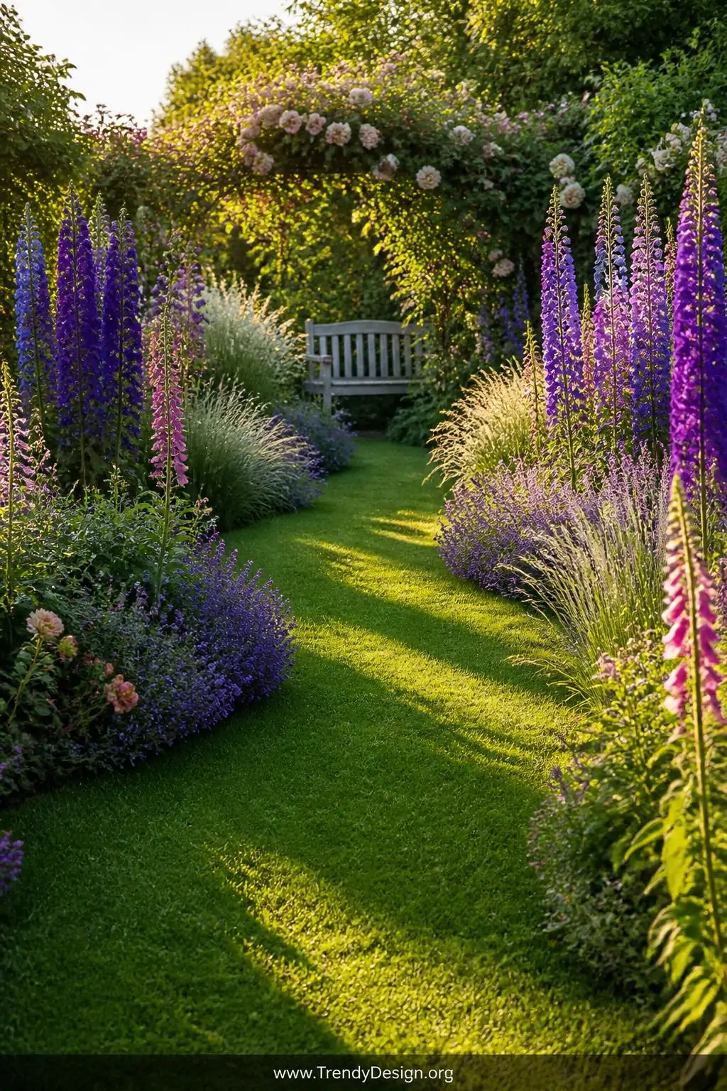 Wide photorealistic shot of a romantic English garden grass path, a ribbon of perfectly mown short bright emerald lawn windin