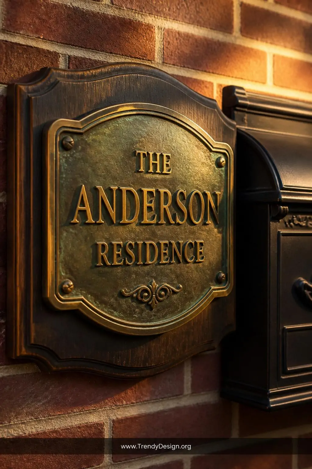 A warm aged brass name plate with richly developed golden-green patina mounted on a dark walnut wood backing beside a black t