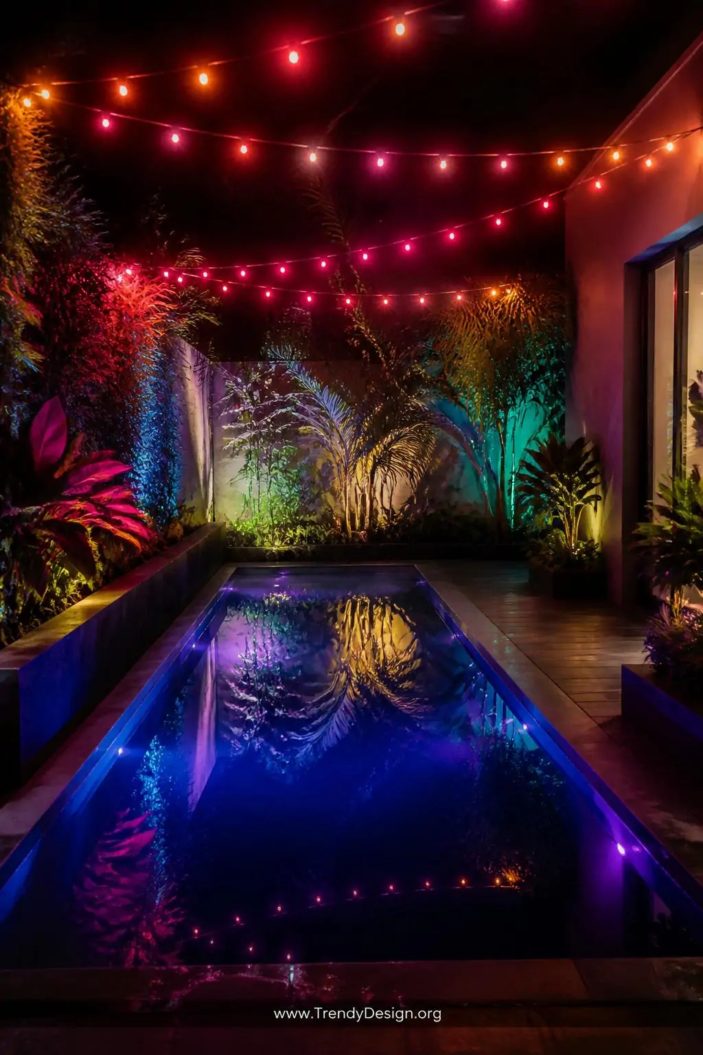 A medium photorealistic shot of a modern backyard garden at night where color-changing smart LED spotlights bathe a still rec