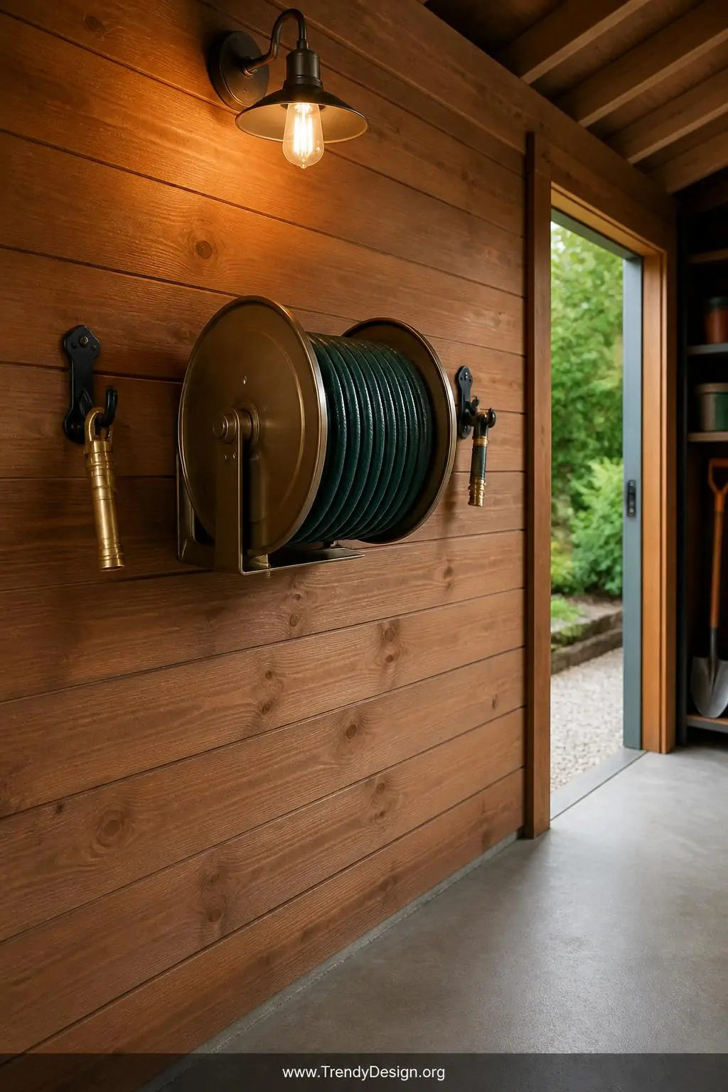 A wide-angle photorealistic shot of a shed interior side wall near the entrance featuring a brushed bronze wall-mounted garde