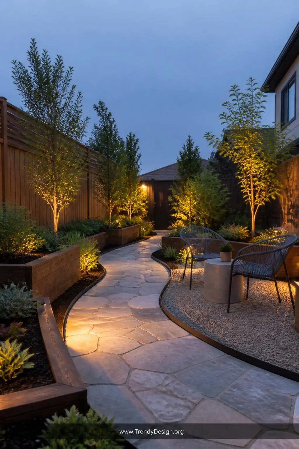Wide photorealistic shot of a polished backyard garden featuring a curved natural stone pathway edged in dark steel garden ed