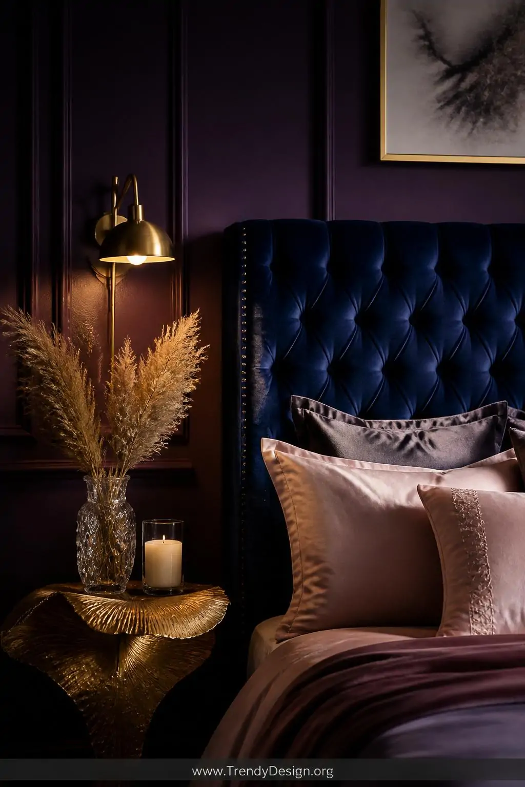 Closeup shot of a luxurious bedroom corner with deep eggplant purple walls richly textured in matte finish, a tufted velvet h