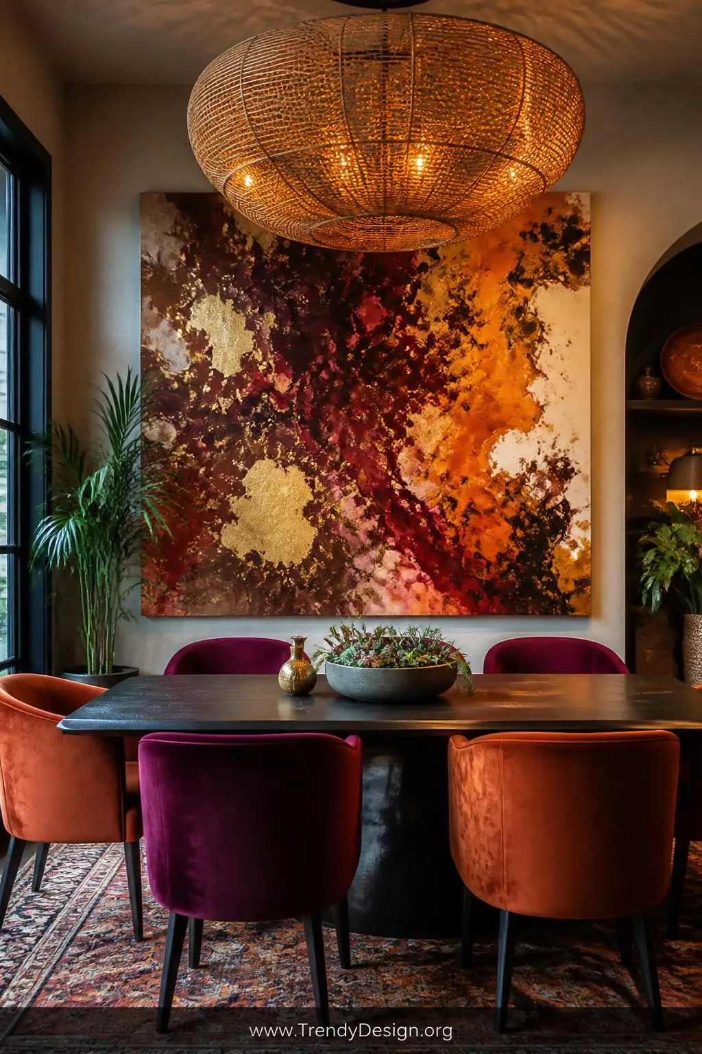Wide shot of a bold eclectic dining room with an oversized dirty pour painting as the dramatic focal wall, a wild explosion o