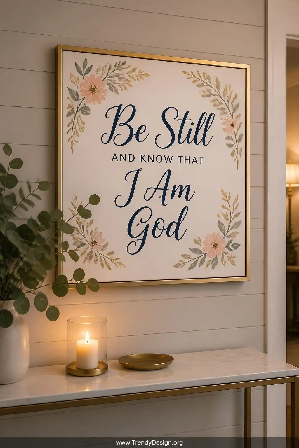 Closeup shot of a warmly lit entryway featuring a square canvas with beautifully stenciled script lettering in deep navy blue