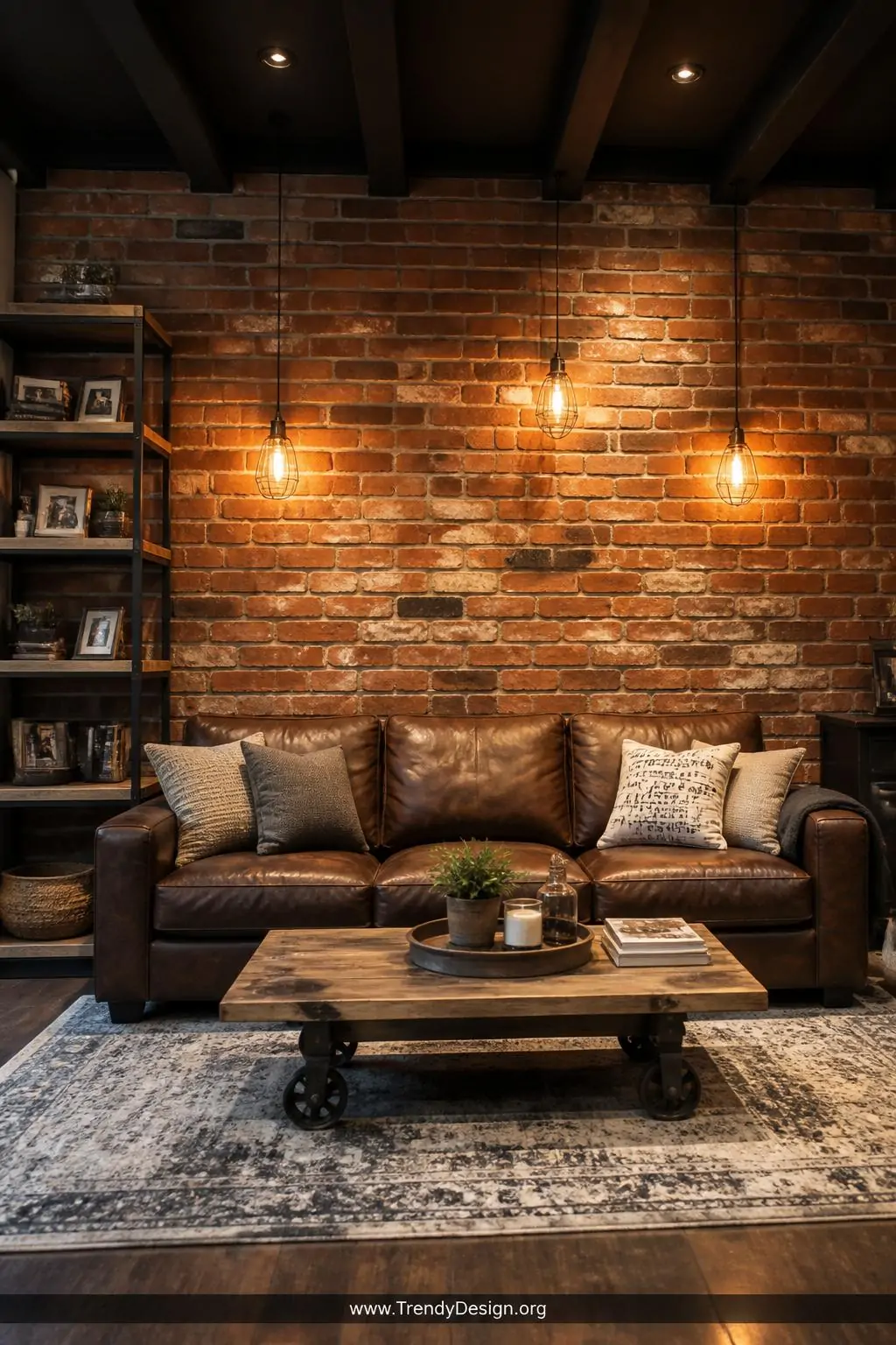 A medium-shot photorealistic basement living room interior with a full accent wall treated in a layered stenciled brick effec