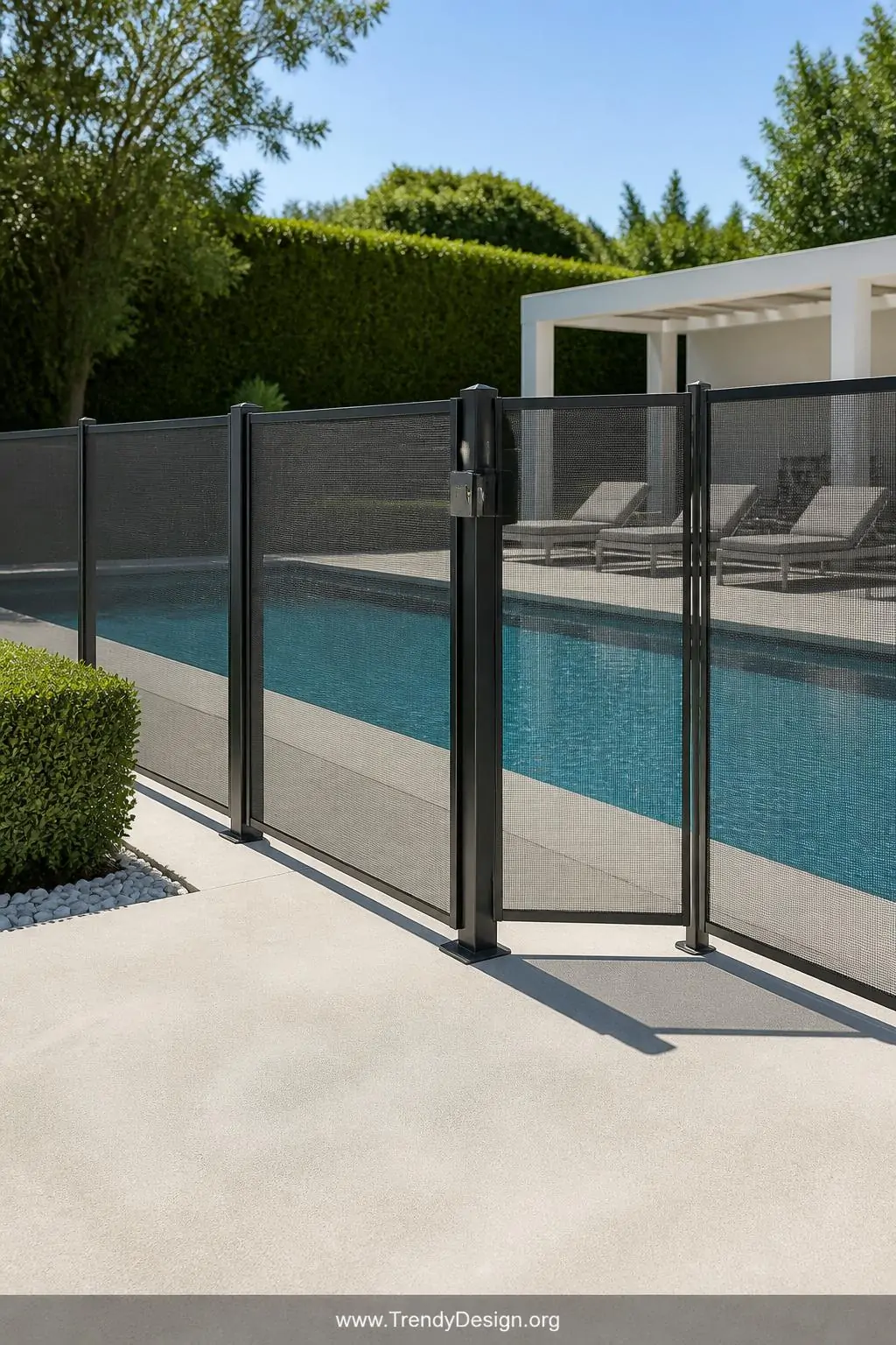 Medium photorealistic shot of a family pool area secured by a sleek low-profile removable mesh safety fence system in charcoa