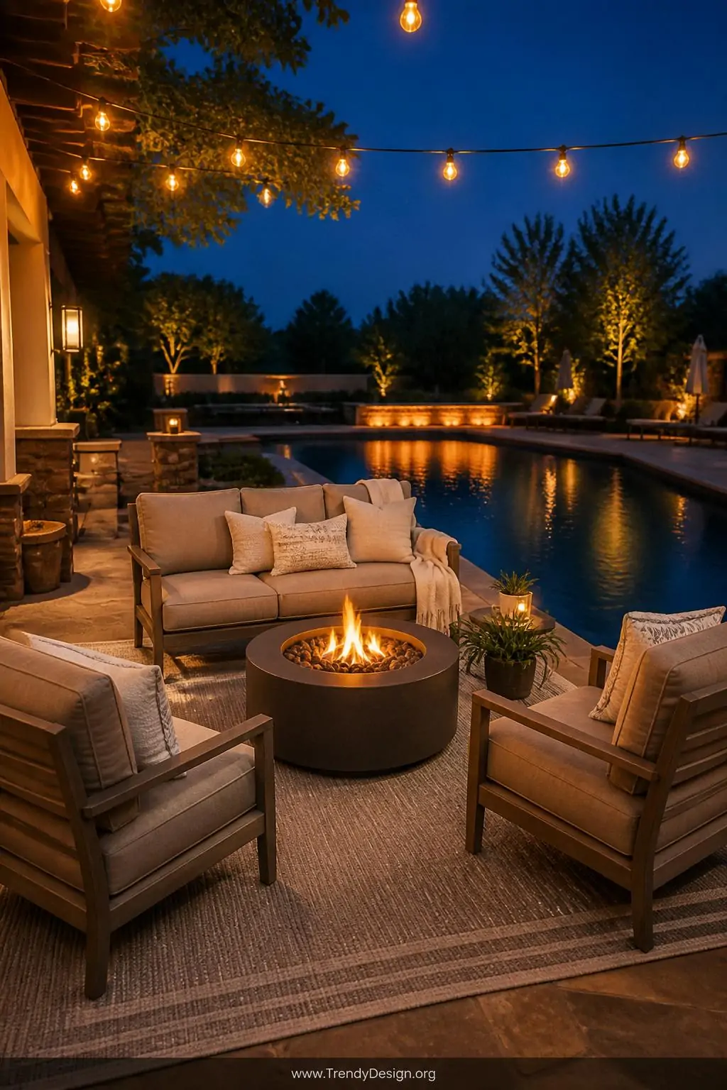 Wide photorealistic shot of a cozy poolside conversation area at dusk featuring two linen-upholstered armchairs and a compact