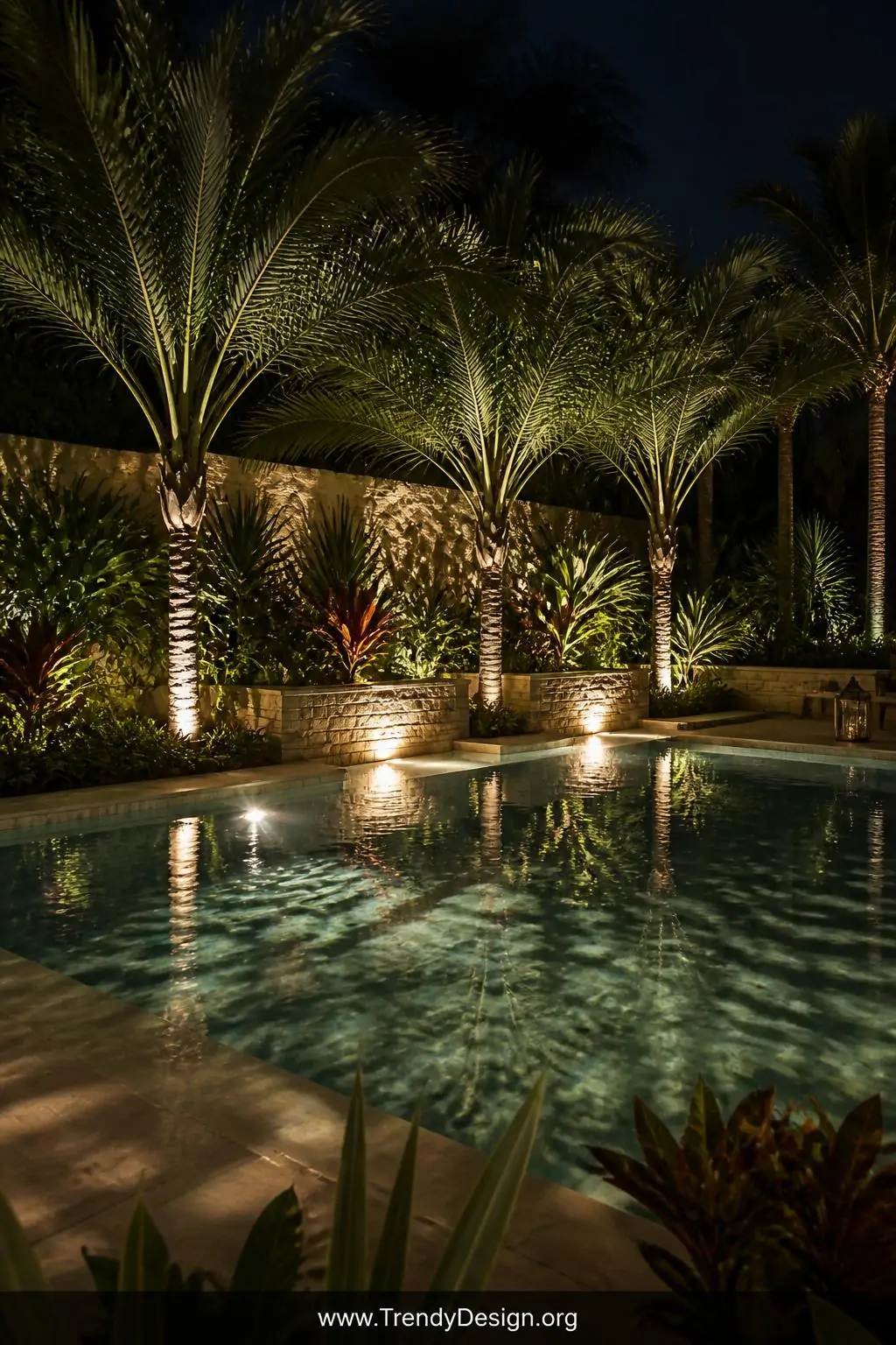 Medium photorealistic shot of a landscaped pool surround at night with low-voltage LED uplights aimed upward through the feat