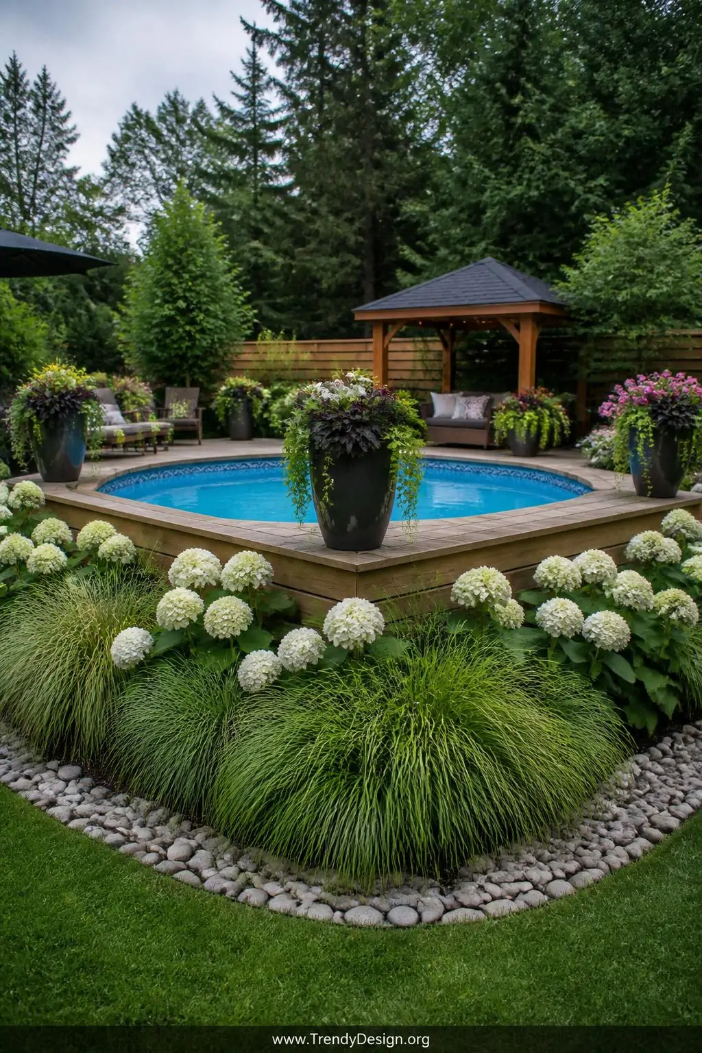 Wide photorealistic shot of an above ground pool deck fully integrated into a lush backyard landscape, base of deck completel