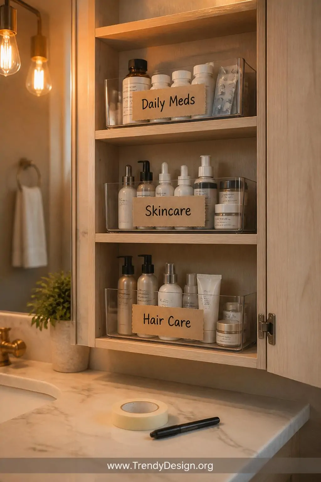 A medium shot of open medicine cabinet shelves with neat handwritten kraft paper labels on each acrylic bin reading 
