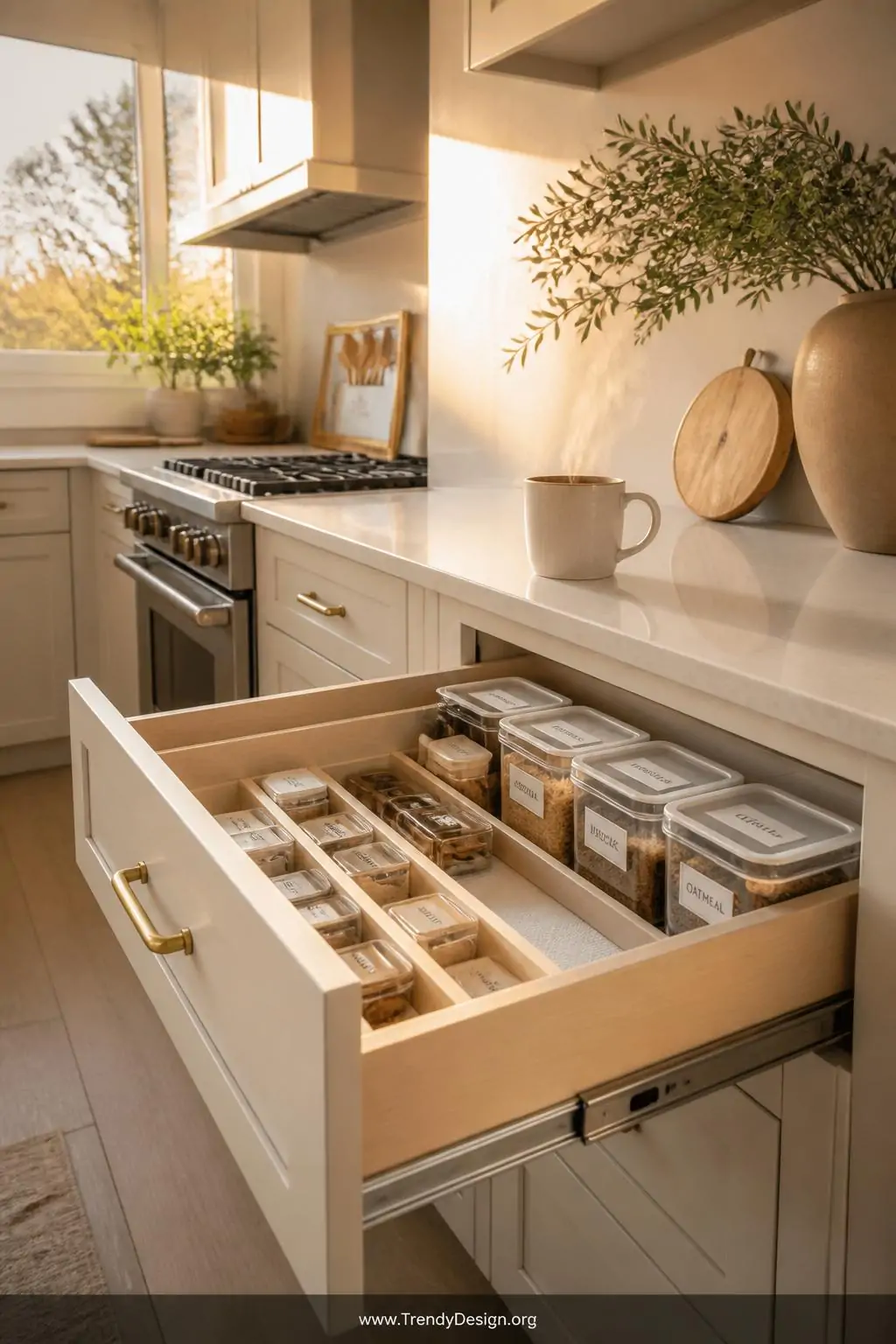 A wide shot of a sun-filled kitchen with warm white shaker cabinets and brushed brass hardware, one drawer pulled fully open 