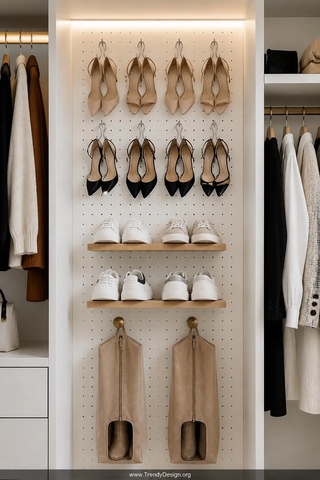 A white painted pegboard mounted inside a bright white closet holds an organized arrangement of nude and black heeled pumps h