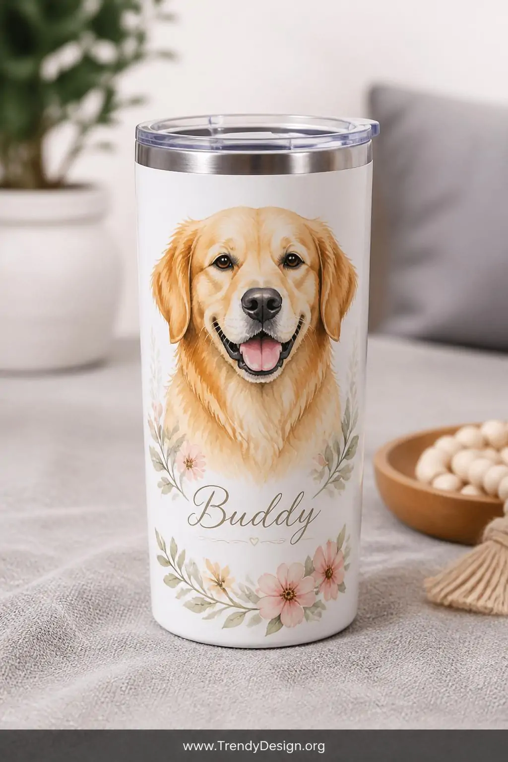 A closeup shot of a white sublimation tumbler centered on a soft gray linen surface, showcasing a stunning watercolor pet por
