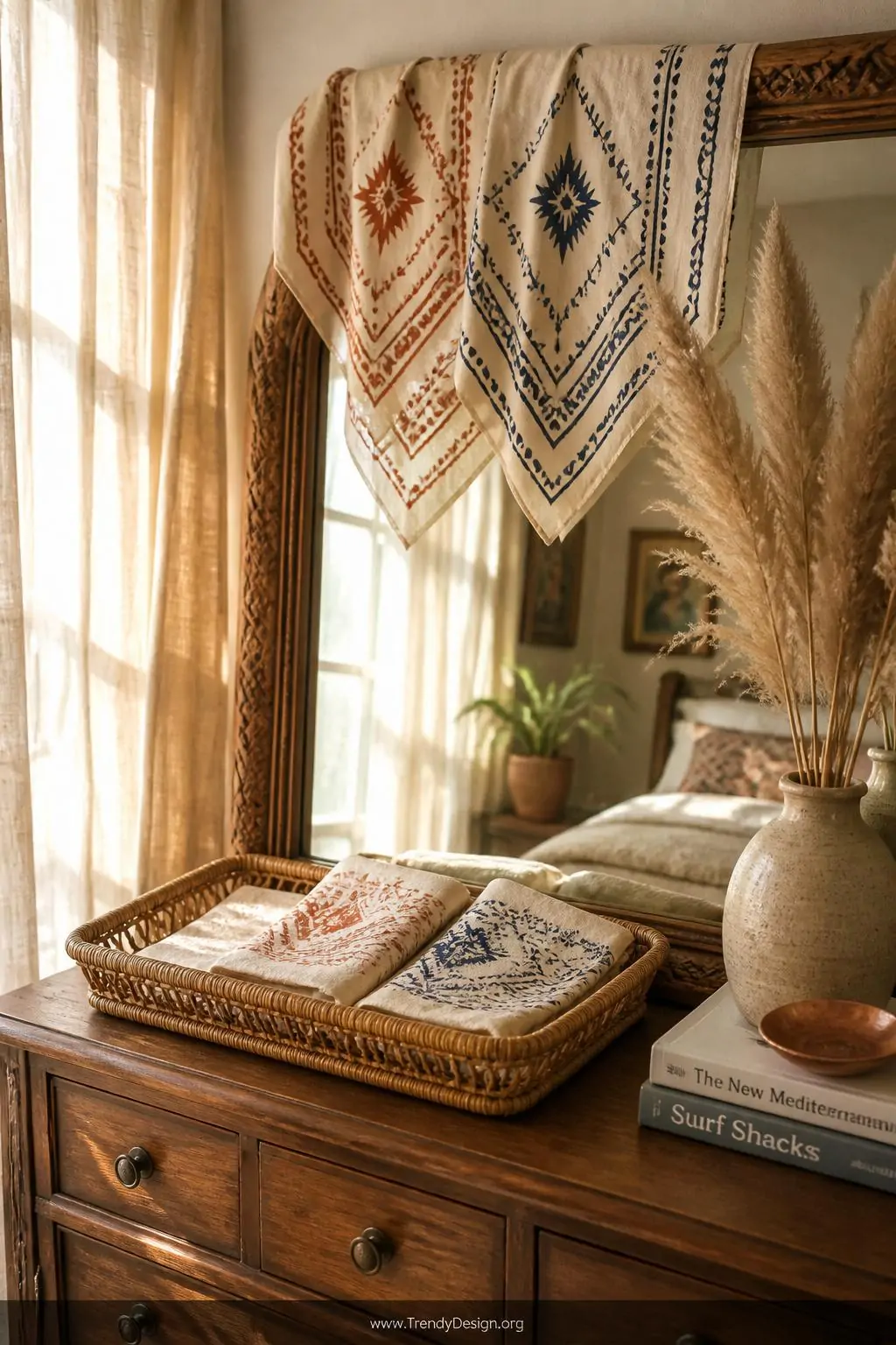 Wide shot of a bohemian bedroom dresser vignette with custom screen printed bandanas displayed draped over a vintage mirror f