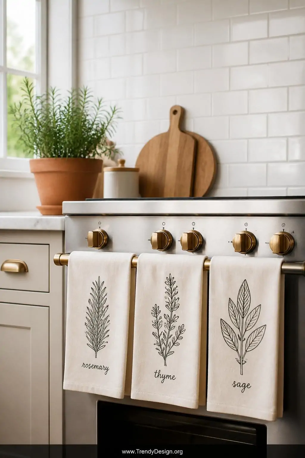 A medium kitchen shot showing a white subway tile backsplash backdrop with three cream cotton dish towels folded over a brush