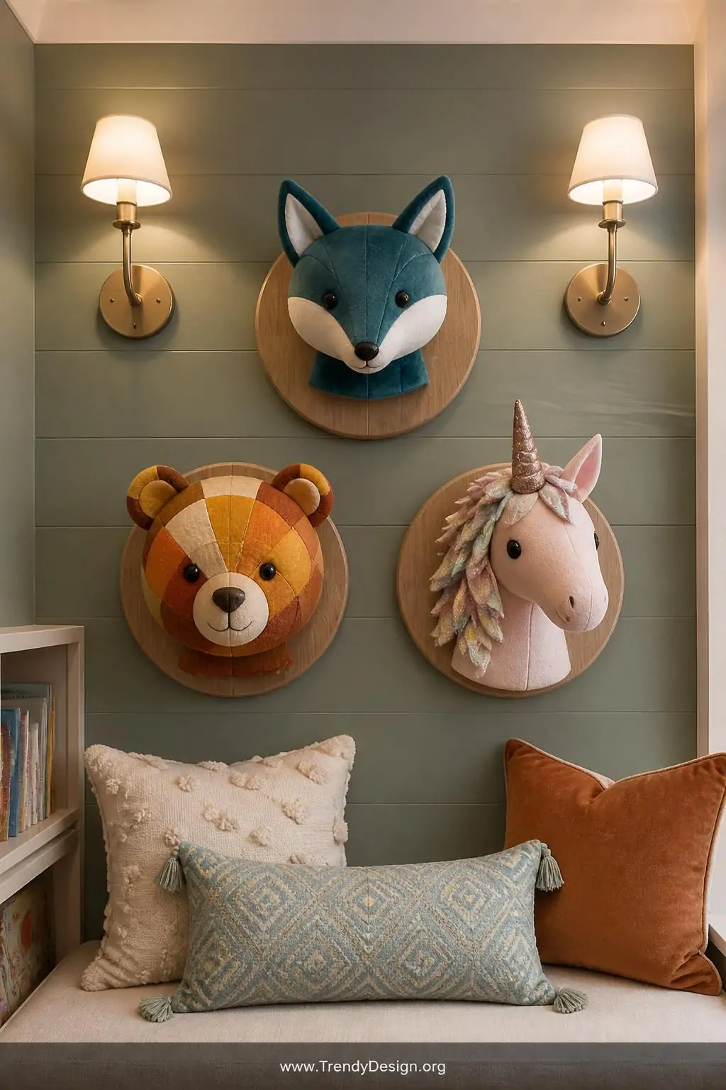Medium shot of a charming children's reading nook gallery wall displaying three fabric animal trophy plaques mounted symmetri