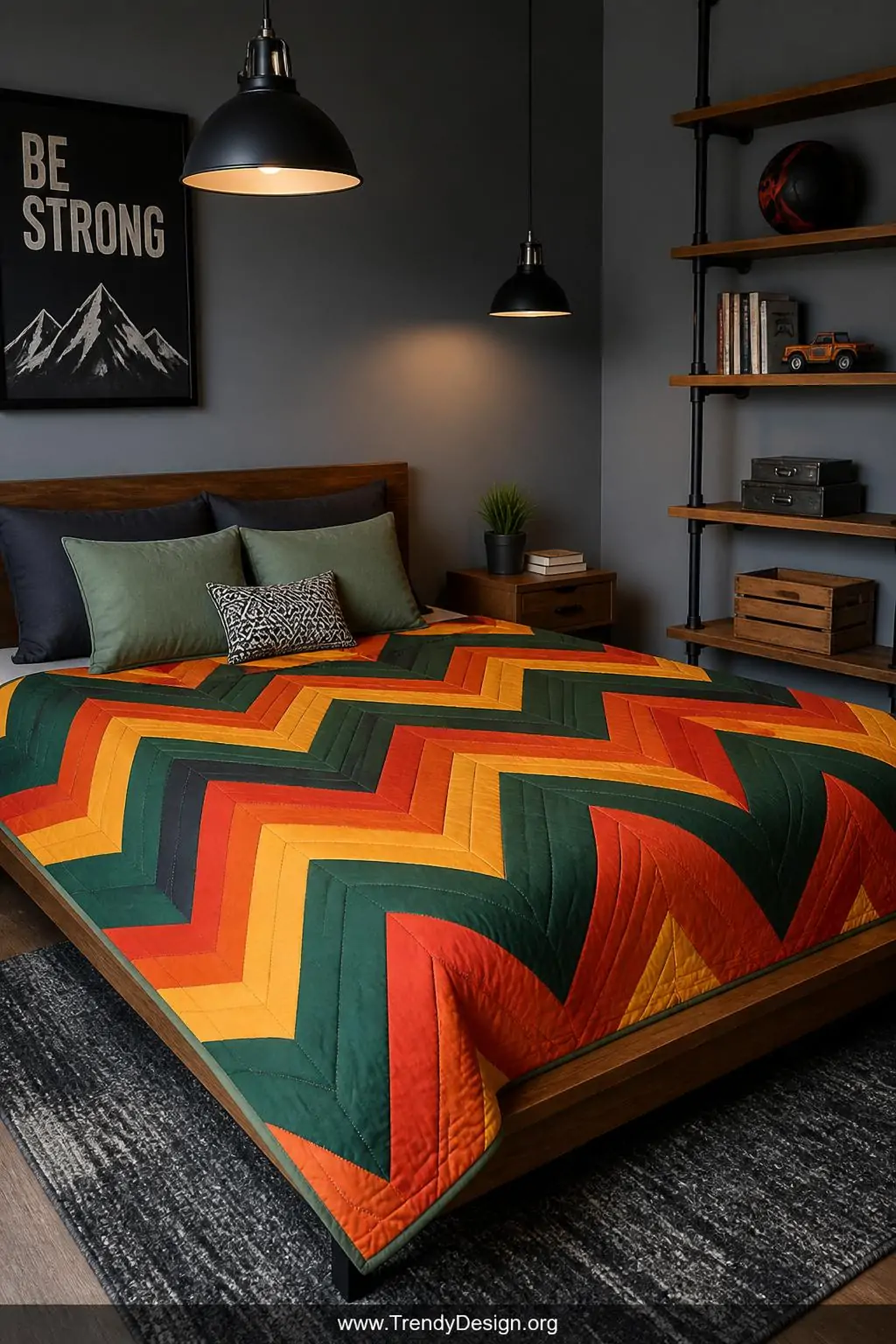 A wide shot of a modern boys bedroom anchored by a bold chevron quilt on a platform bed with low wooden frame, the dramatic z