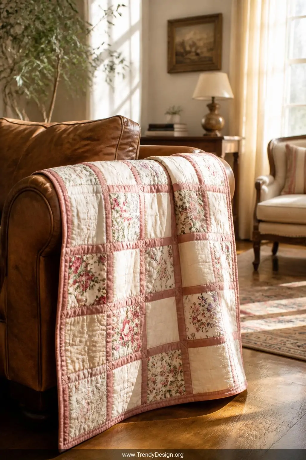 Wide shot of a cozy living room with a vintage patchwork lap quilt draped over the arm of a worn cognac leather sofa, alterna