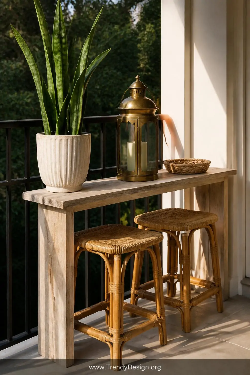 Closeup shot, photorealistic interior design photography: A slim whitewashed wood console table pressed against a black iron 