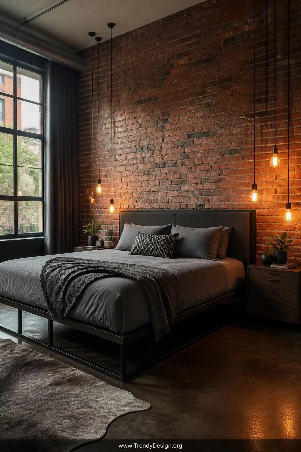 Wide-angle photorealistic interior design shot of an industrial-chic bedroom with one full exposed red brick accent wall behi