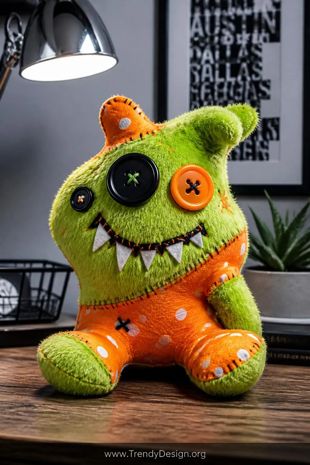 A photorealistic closeup shot of an abstract sock monster plushie sitting on a reclaimed wood desk surface, its chaotic form 