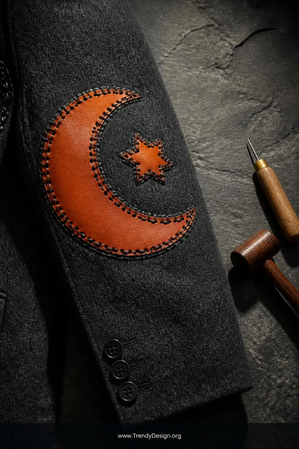 A close-up shot of a charcoal wool jacket sleeve laid against a dark slate surface, featuring a precisely cut faux leather cr