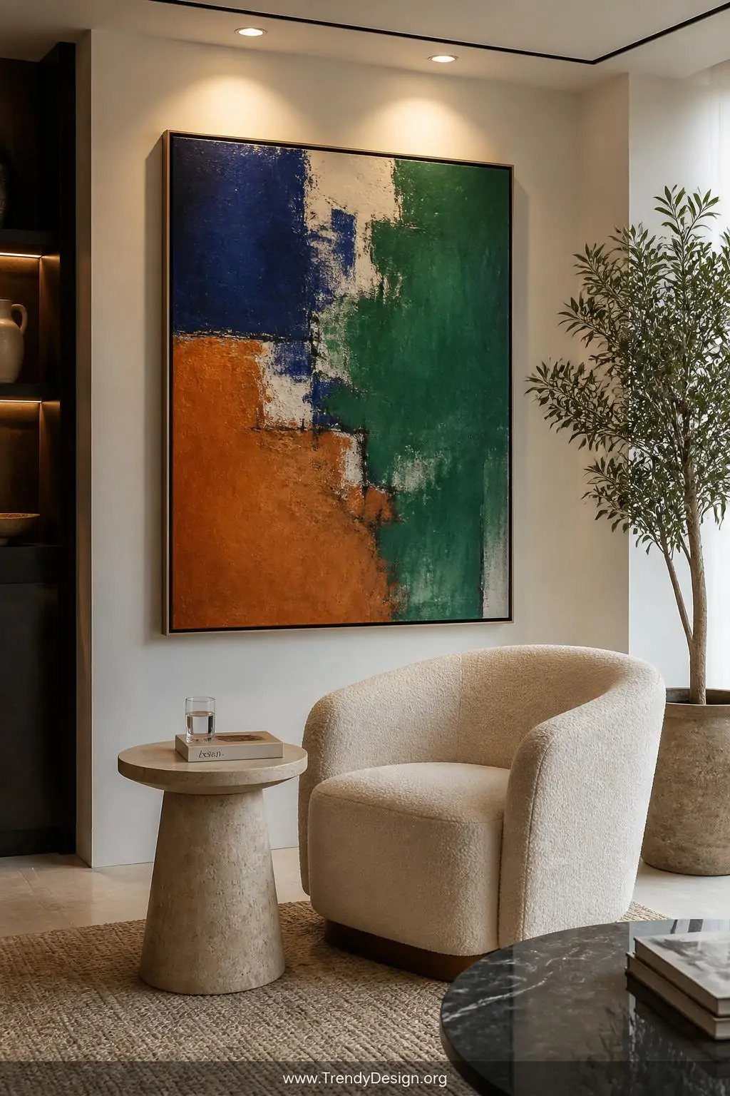 A wide styled living room corner showcasing a large abstract canvas in bold cobalt blue, emerald green, and warm terracotta a
