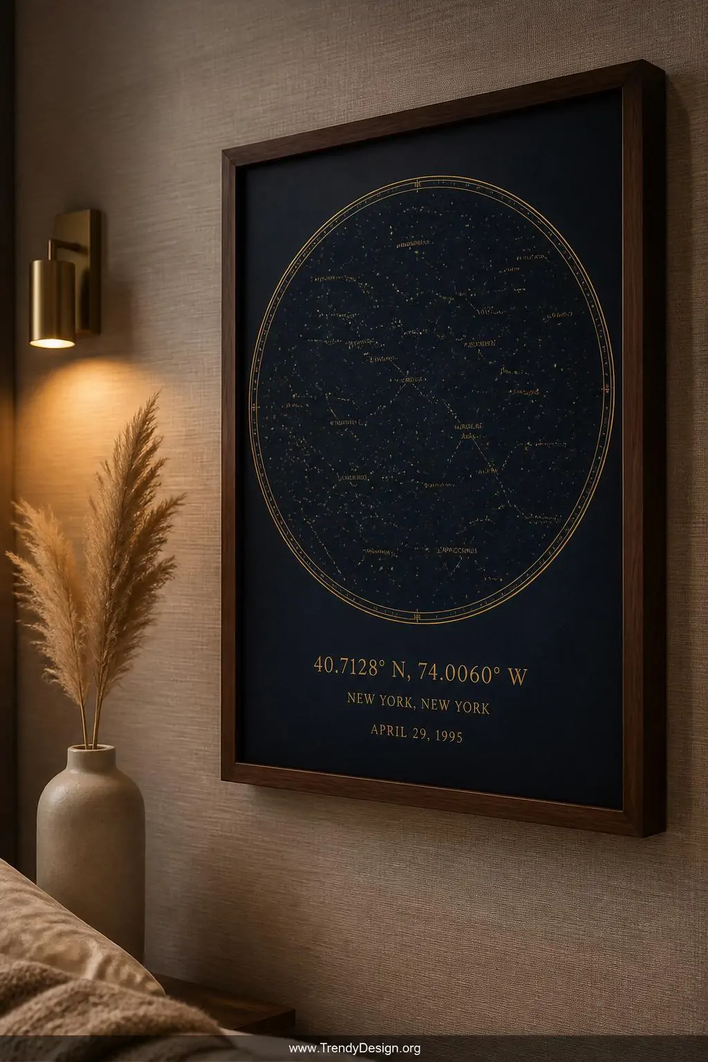 A closeup of a navy and gold star map print in a sleek walnut frame mounted on a soft greige bedroom wall, the celestial illu
