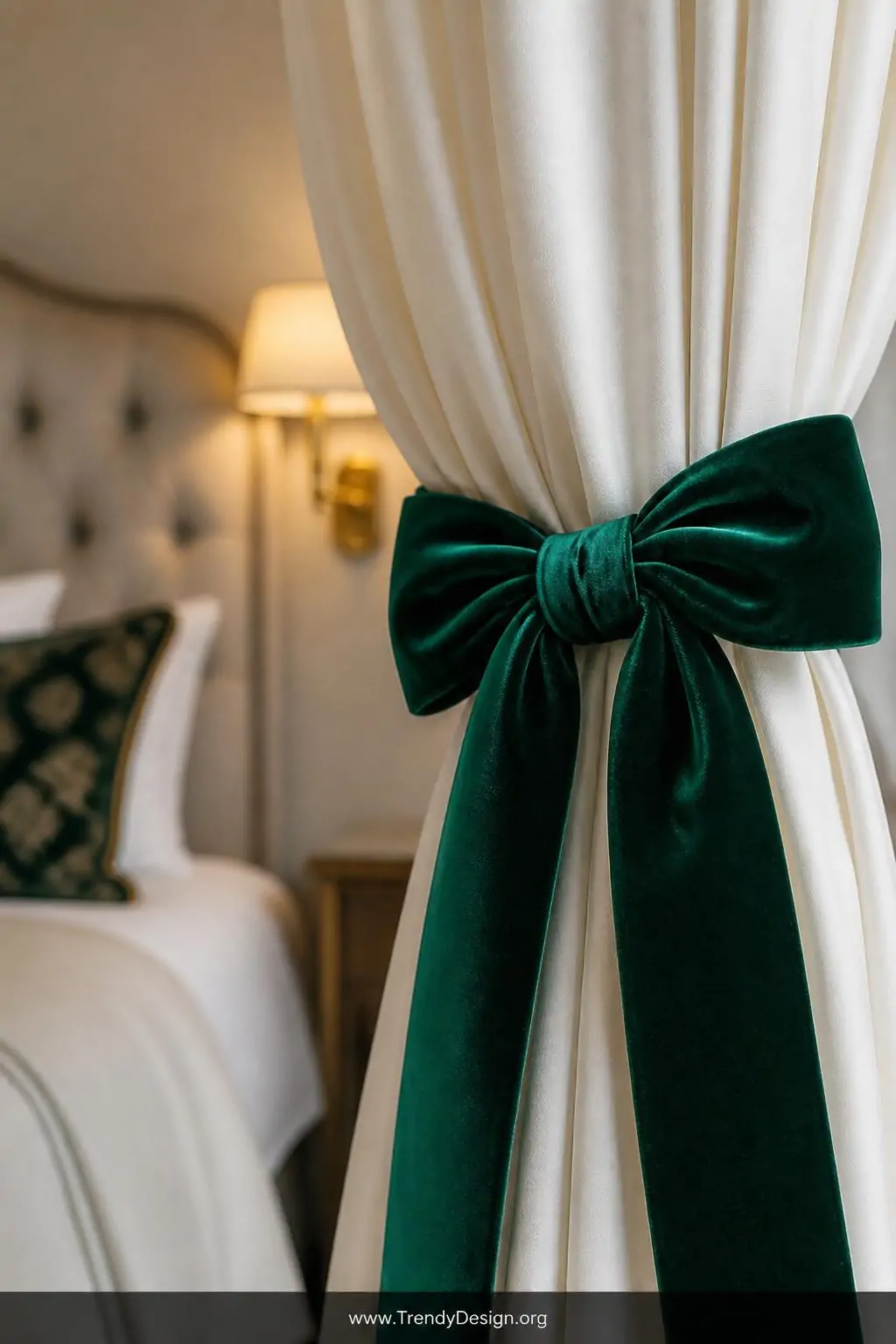 Close-up photorealistic shot of a wide emerald velvet ribbon tied into a generous relaxed bow gathering ivory floor-length cu
