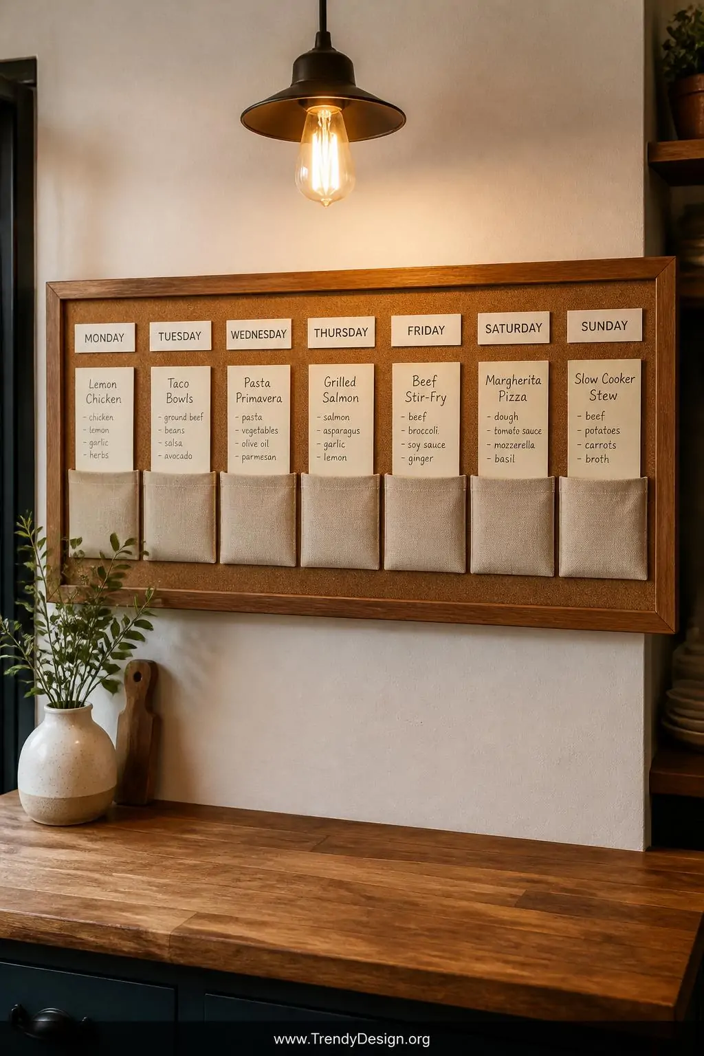 Framed corkboard meal planning board with seven printed day-of-week labels and slotted linen pockets holding handwritten recipe cards mounted above a butcher block countertop, warm Edison bulb pendant light overhead, medium shot capturing the textured cork surface, natural wood frame, and a small ceramic vase beside it.