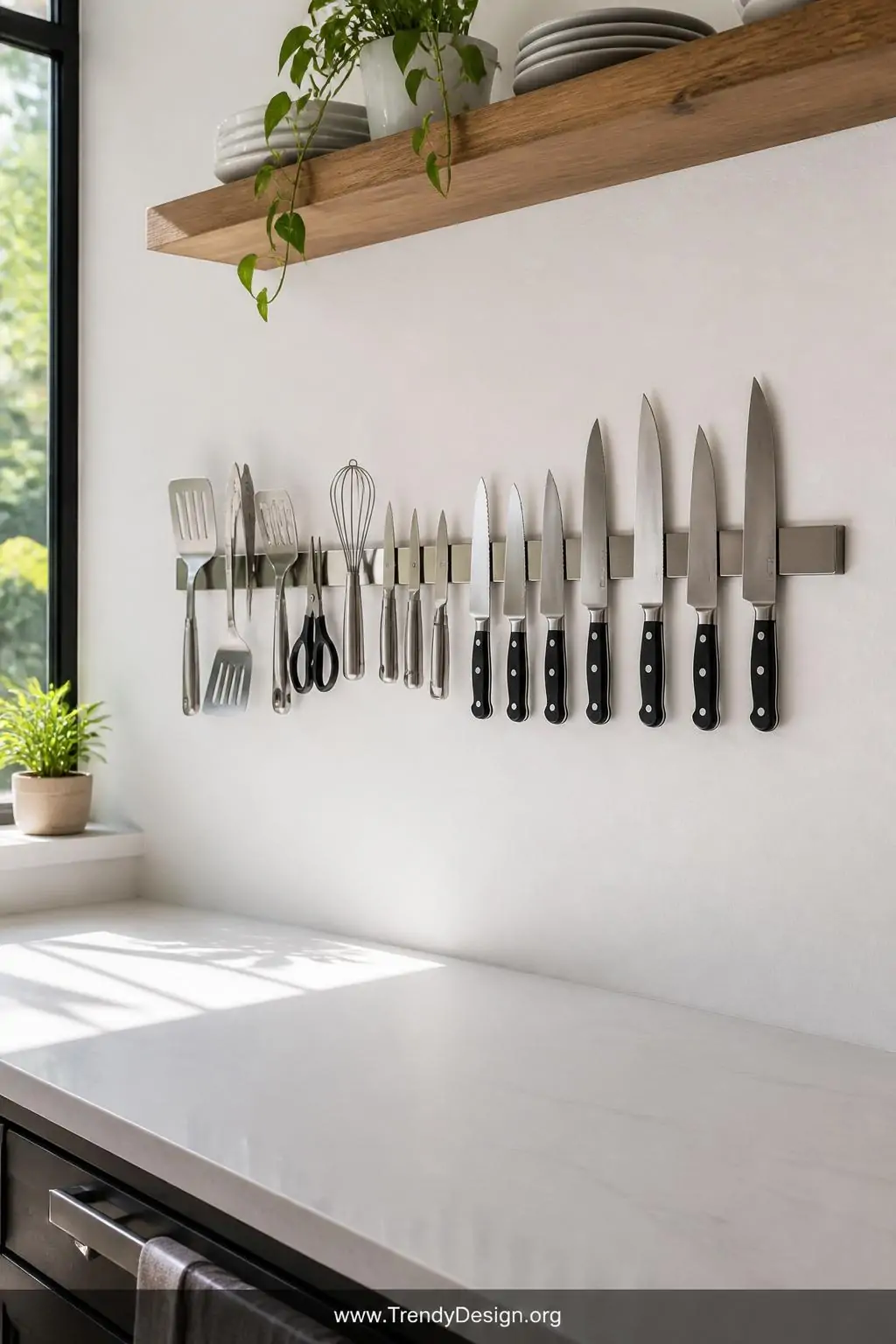 Extra-long 24-inch magnetic knife strip spanning a white backsplash in a small kitchen, metal spatulas, kitchen shears, a whisk, and peelers grouped alongside chef's knives in an organized horizontal display, bright natural light from a nearby window highlighting the varied metallic tools, wide shot showing cleared countertops and maximum wall storage impact, photorealistic interior design.