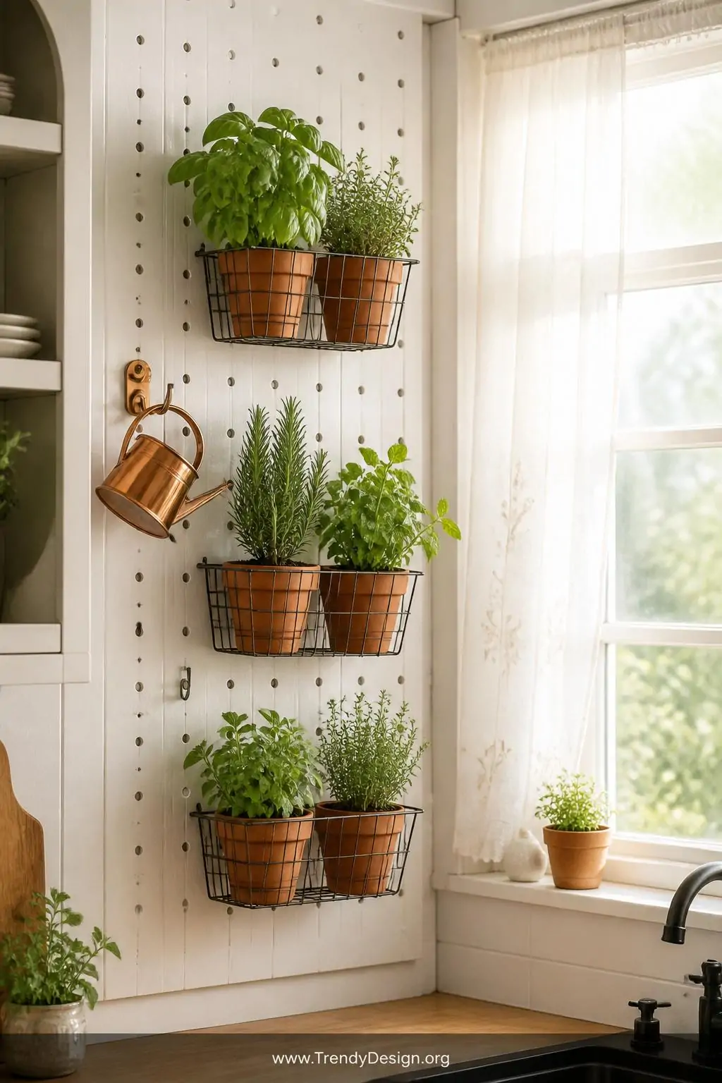 Small terracotta pots of lush green basil, thyme, rosemary, and mint nestled inside curved wire basket attachments on a whitewashed pegboard beside a sunlit kitchen window, a small copper watering can hanging from a nearby hook, wide shot capturing the living herb wall with morning light filtering through sheer white curtains.