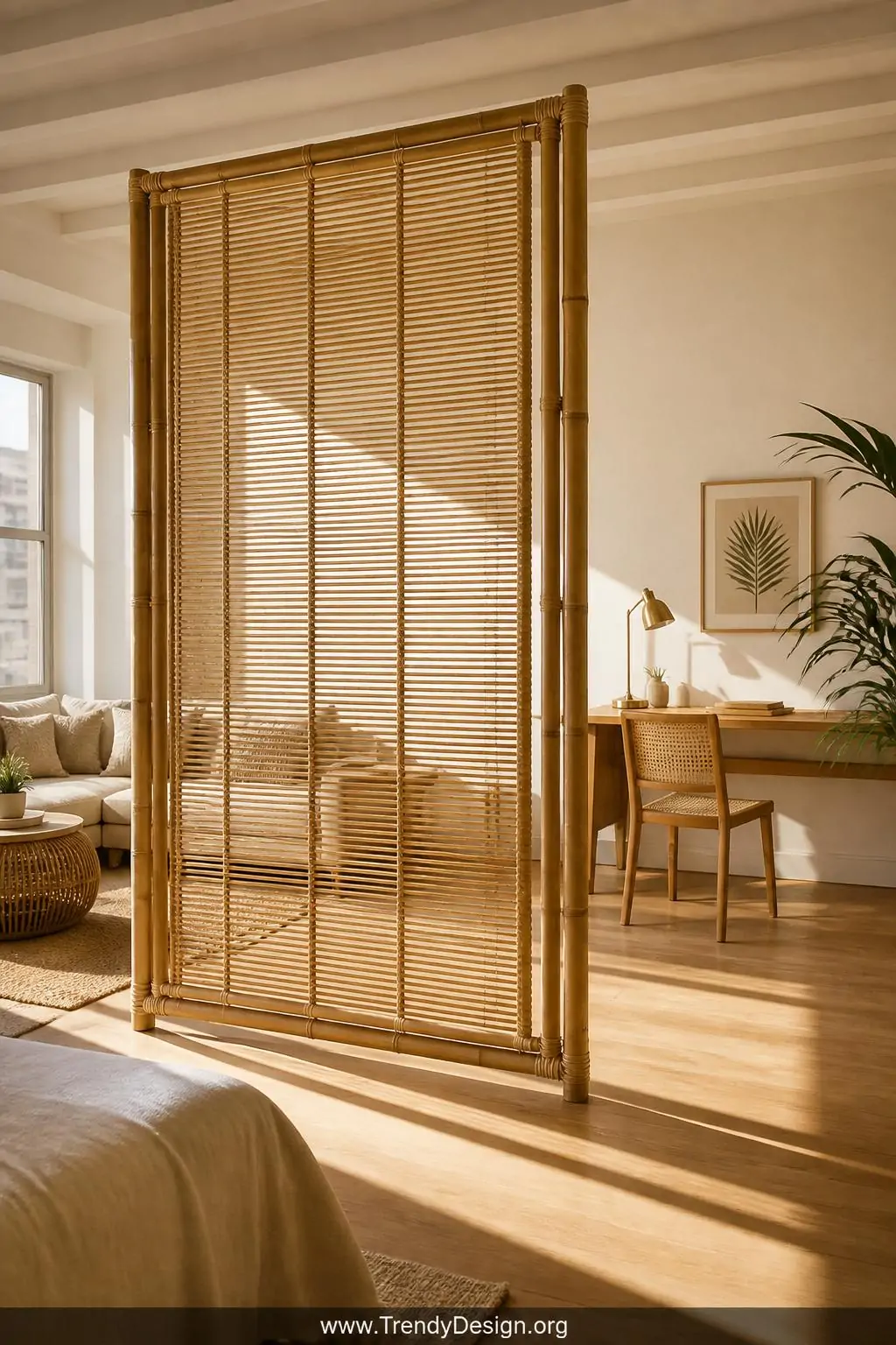 Bamboo room divider standing in a sun-filled studio apartment, wide shot showing thick pole frame with horizontally woven reed screen separating living and workspace zones, matte white walls behind, low rattan furniture visible on one side, warm afternoon light casting long geometric shadows across light oak flooring, natural straw and ivory palette, photorealistic interior design