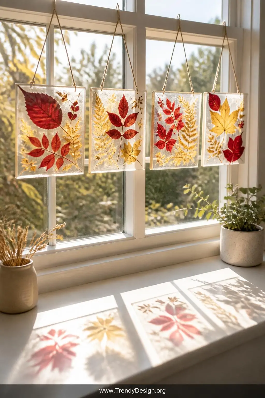 Translucent wax paper suncatchers with crimson and golden leaves sealed inside, cut into square panels hanging by twine from a white window frame, brilliant morning sunlight streaming through creating a stained-glass glow across a bright white interior windowsill, wide shot.