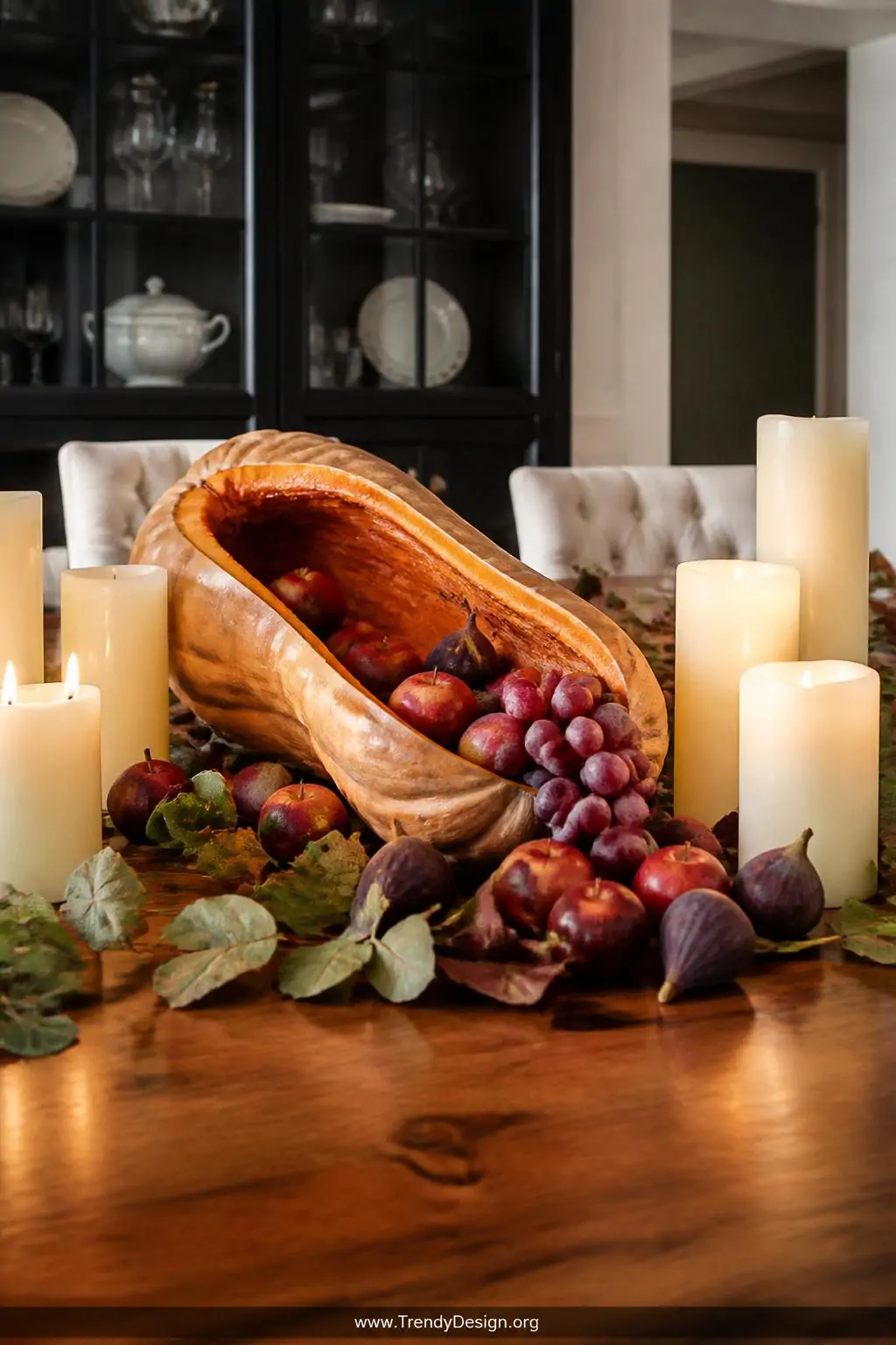 Elongated hollowed pumpkin tilted on its side spilling small red apples, purple grapes, and figs surrounded by ivory pillar candles and scattered leaves, warm amber dining table, medium shot, photorealistic interior design