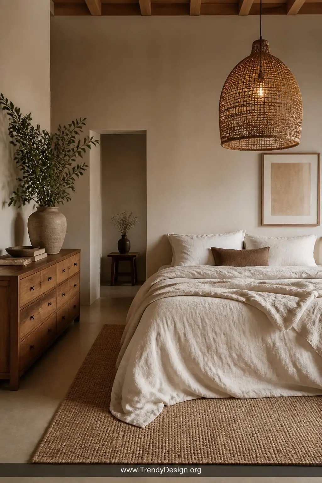 Washed linen bedding in oat white layered beside a honey-toned solid wood dresser, a woven rattan pendant light casting a warm organic glow overhead and a textured jute rug anchoring the floor, wide shot of a minimalist bedroom rich with earthy natural material depth.