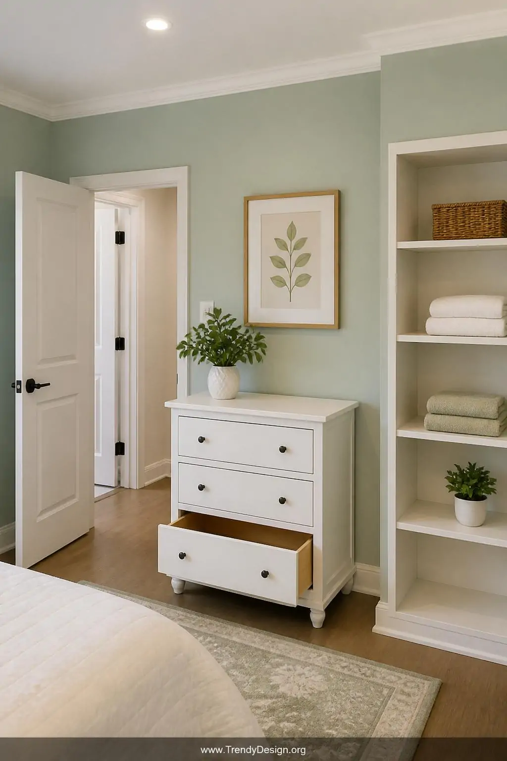 Small white three-drawer dresser with one open empty drawer beside a neatly organized open shelf displaying folded towels and cleared space, airy decluttered guest room with soft sage green walls and warm overhead lighting, medium shot, photorealistic interior design.