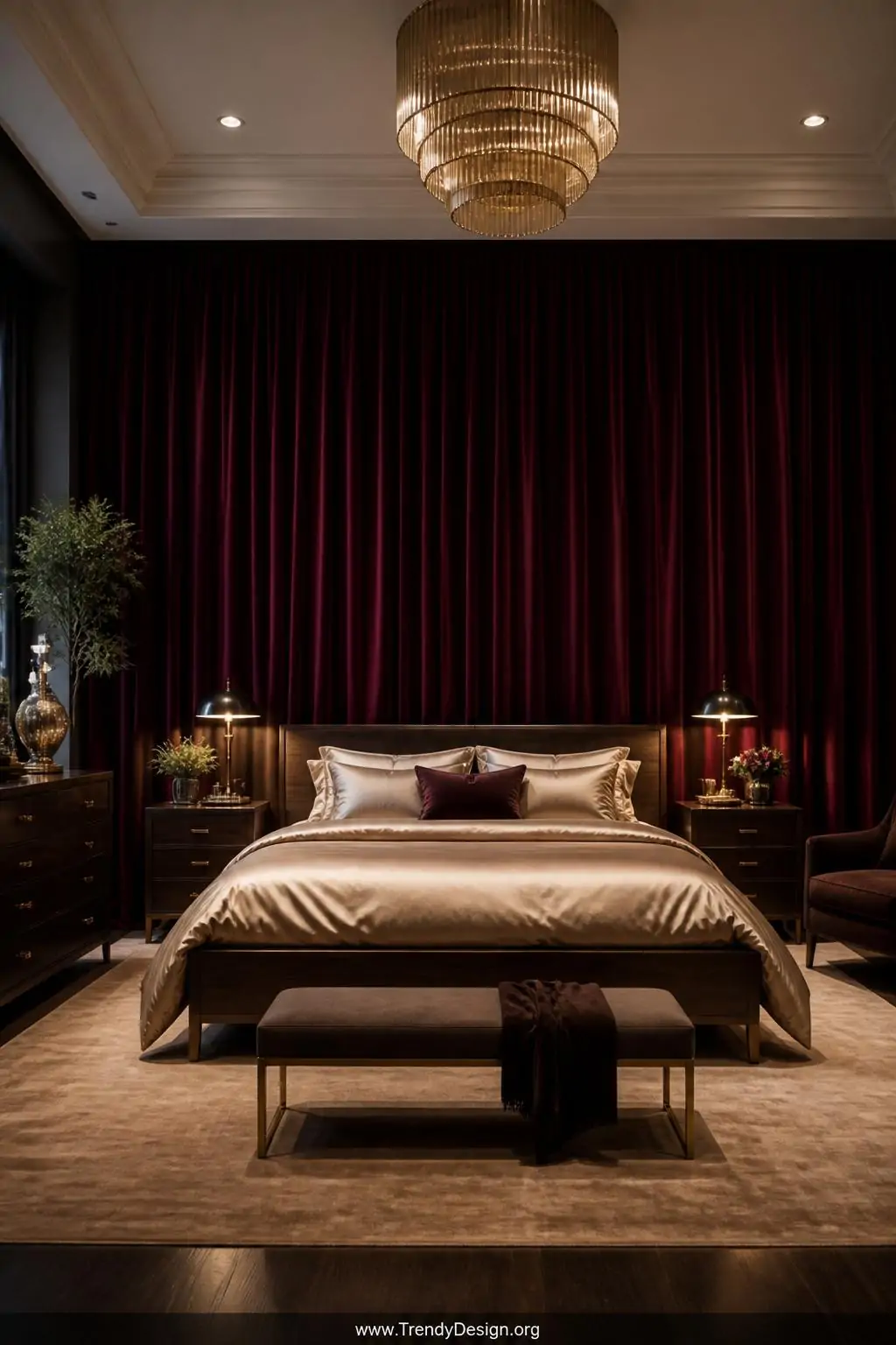 Floor-to-ceiling deep burgundy velvet curtain panels mounted on a ceiling-height rod completely covering the accent wall behind a dark walnut bed frame with champagne silk bedding, wide luxurious shot of a dramatically cocooning bedroom where the pooling fabric panels absorb light softly and create an intimate jewel-toned sanctuary with layered bronze and gold decorative accents.