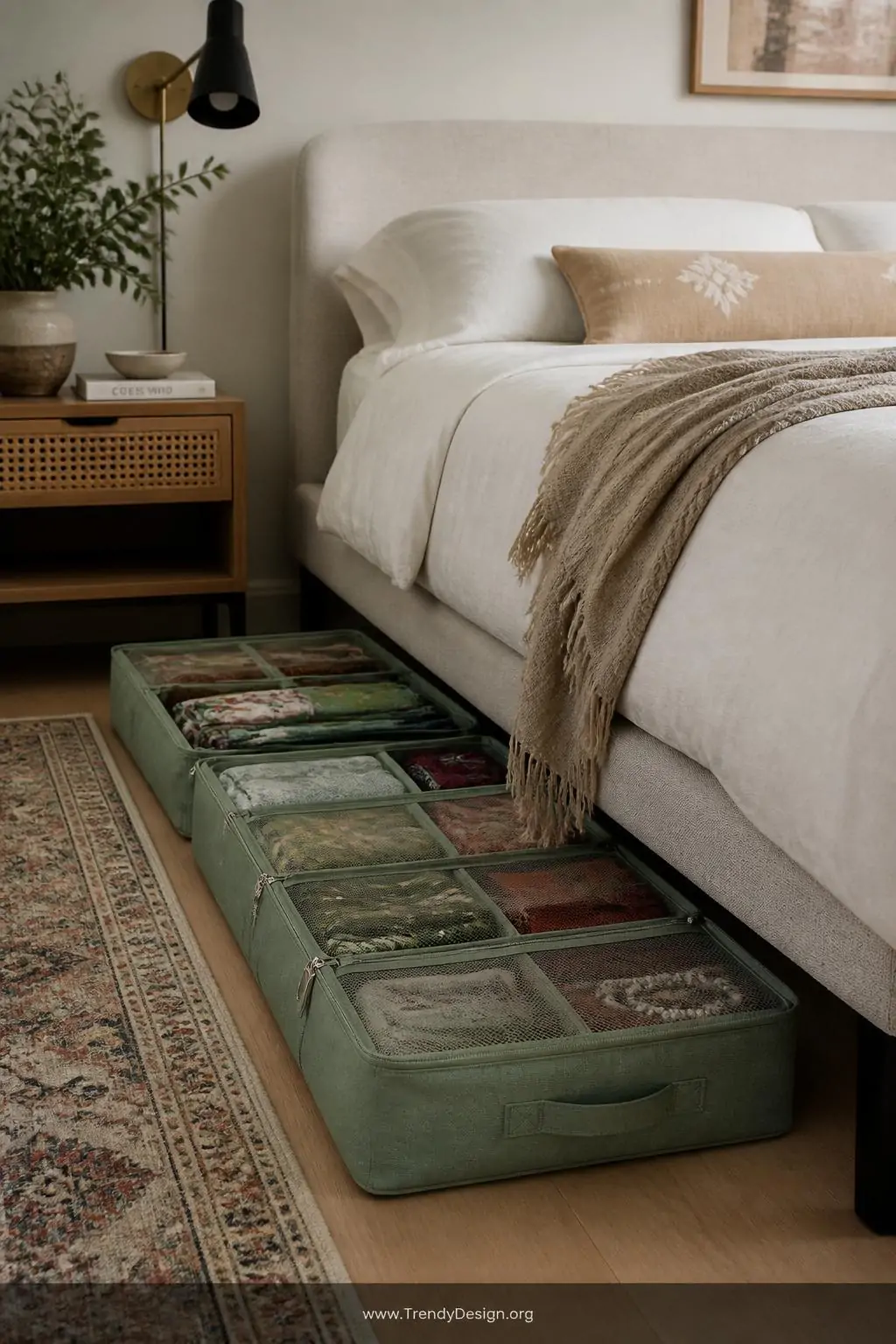 Long flat fabric under-bed organizer in sage green with multiple zippered compartments, medium shot pulled halfway out from under a linen-upholstered bed revealing colorful scarves and accessories neatly divided, soft diffused daylight, organized and intentional bohemian bedroom styling.