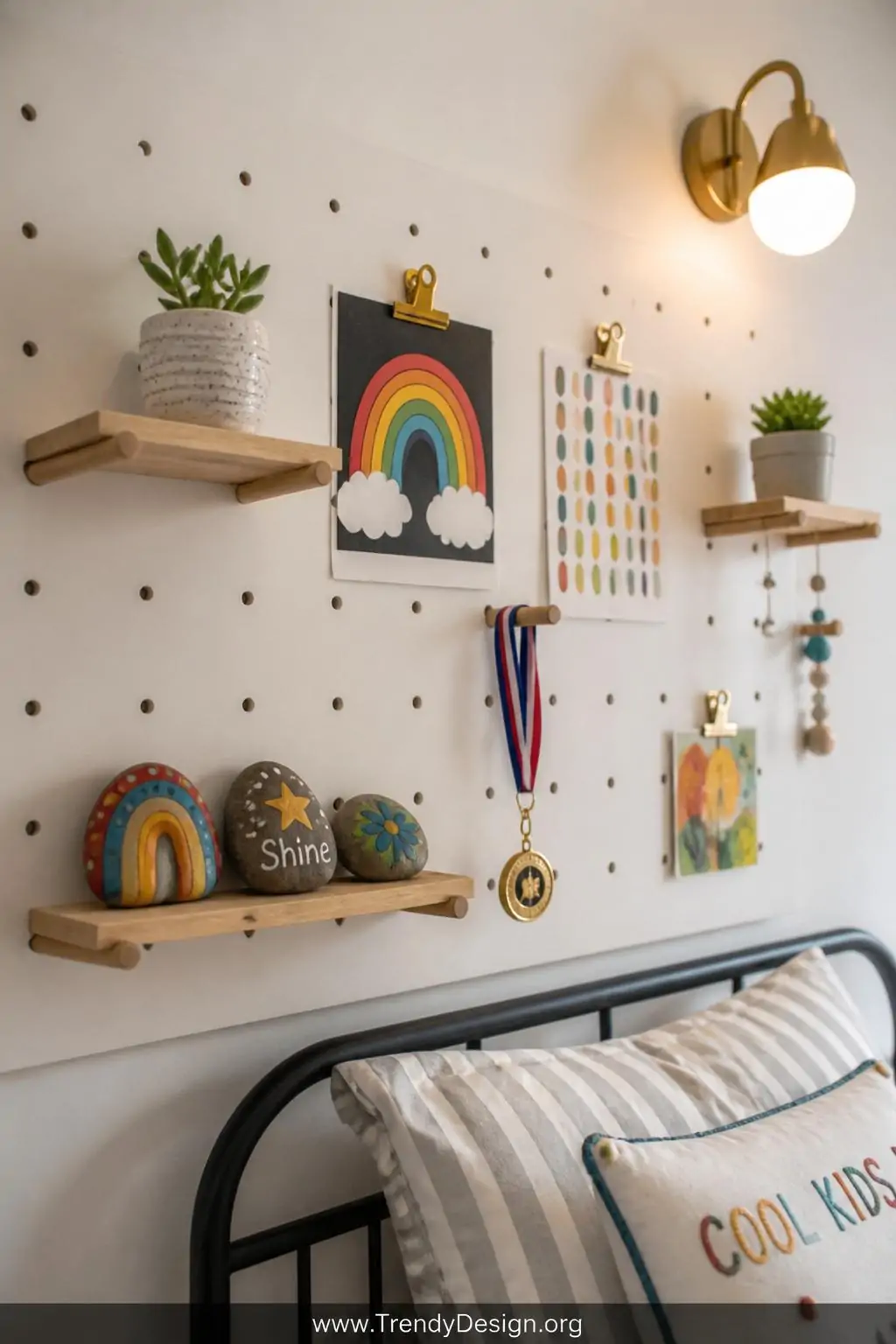 Large white pegboard mounted above a child's bed in a shared kids bedroom, playful modern style, closeup shot showing small wooden shelves holding a potted succulent and painted rocks, colorful artwork clipped with brass hooks, a gold medal and ribbon hanging from a peg, soft warm sconce light illuminating the display wall, photorealistic interior design.