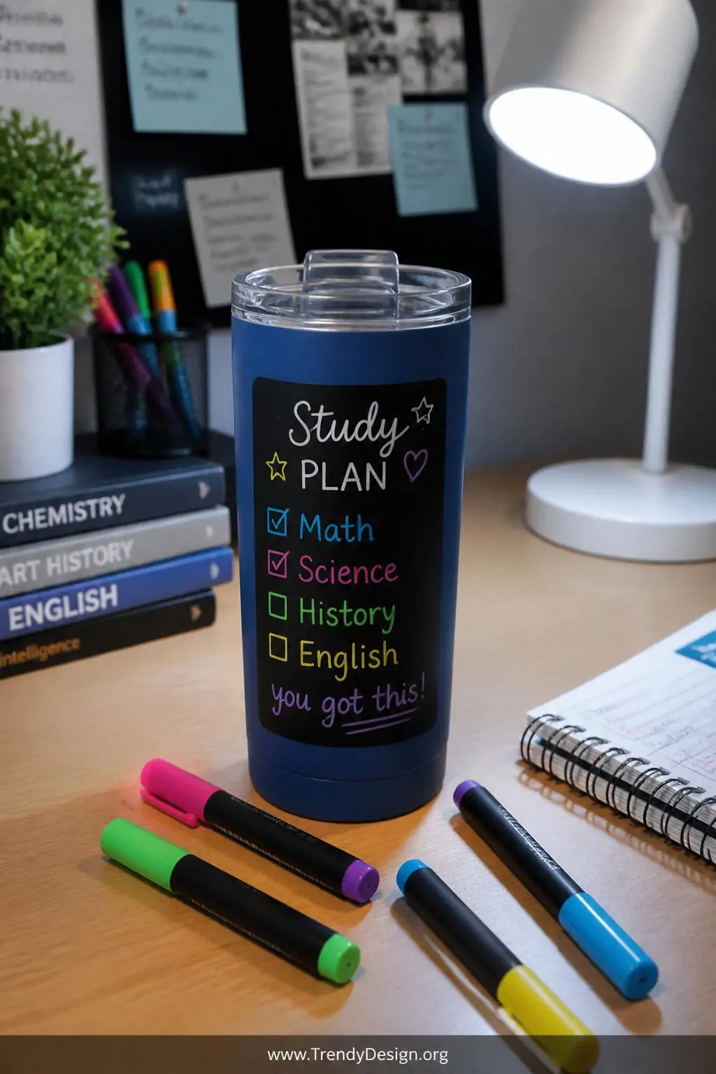 Matte tumbler with black chalkboard vinyl label panel covered in chalk marker handwriting on an organized student desk, colored chalk markers scattered nearby, cool blue-white desk lamp light, closeup shot