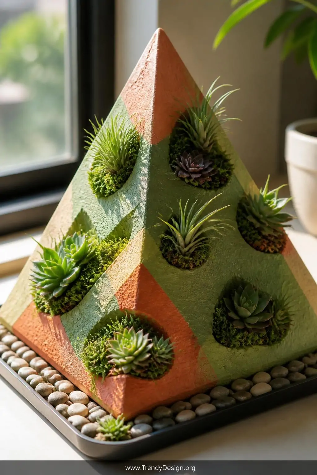 Styrofoam pyramid planter with small succulents and green moss tucked into carved pockets sitting on a sunlit windowsill, bright natural morning light illuminating the earthy green and terracotta painted foam base, tiny decorative pebbles arranged neatly around the base, closeup shot showing the lush living texture of the air plants.
