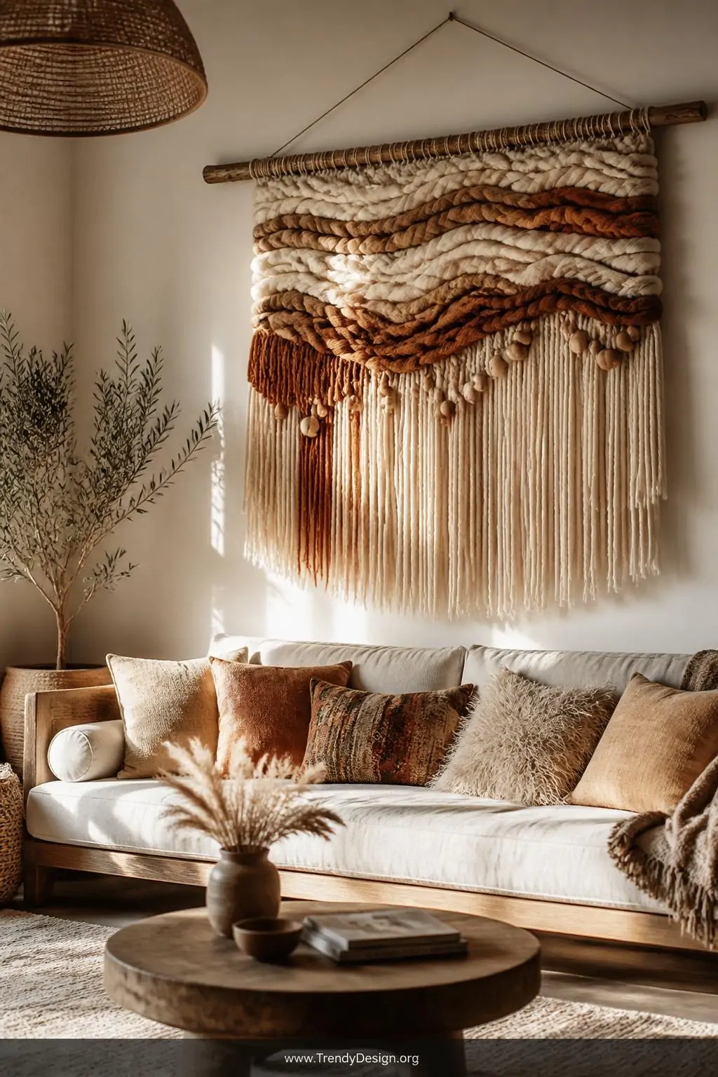 Woven yarn wall hanging in cream, terracotta, and tan chunky wool with long fringe and scattered wooden beads, suspended from a raw wooden dowel above a linen sofa in a warm bohemian living room, soft golden hour lighting, wide shot