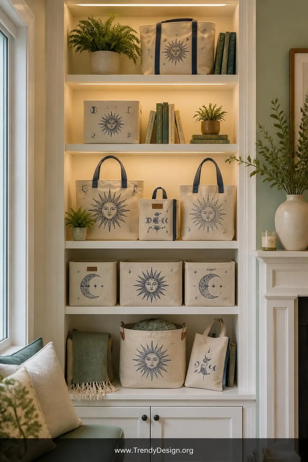 A medium-shot photorealistic styled shelfie of open white wooden shelving in a living room featuring canvas tote bags and fab