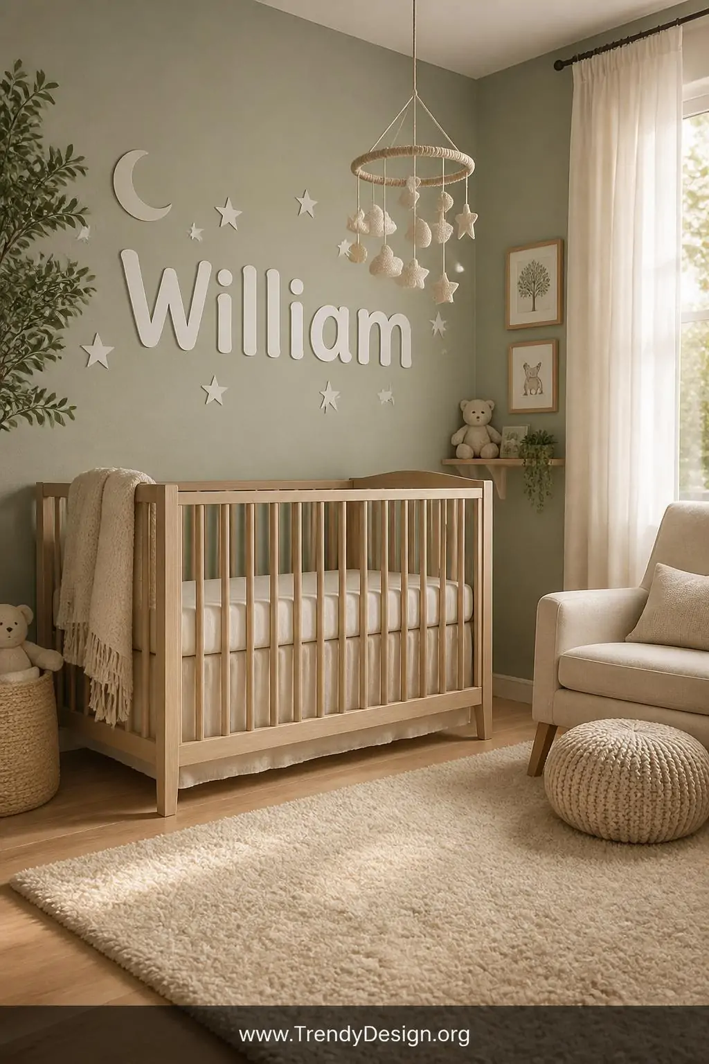 Wide shot of a soft and dreamy nursery with pale sage green walls featuring a large white vinyl name decal reading a child's 